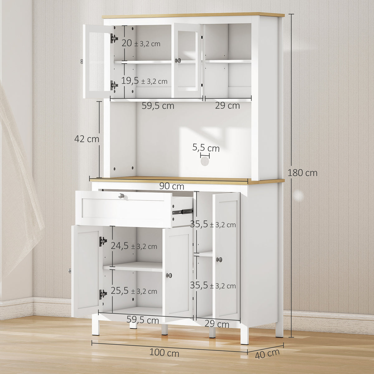 Buffet de cuisine haut 5 portes dont 2 portes vitrées et 1 tiroir, 1 niche centrale - hauteur 180 cm blanc-2