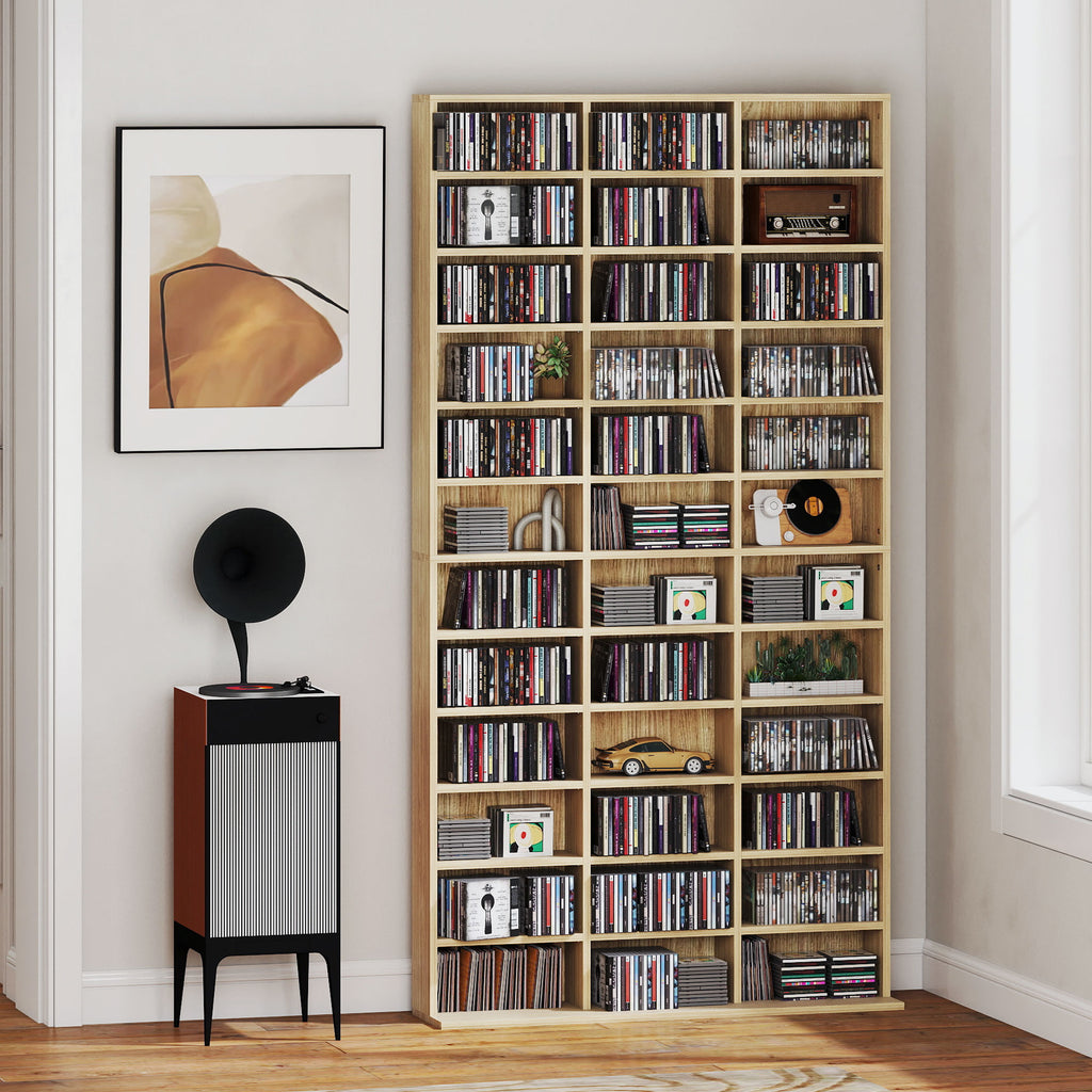 Rangements pour CD et DVD, étagère rangement 1116 CD/528 DVD, 36 compartiments et étagères réglables, chêne-1