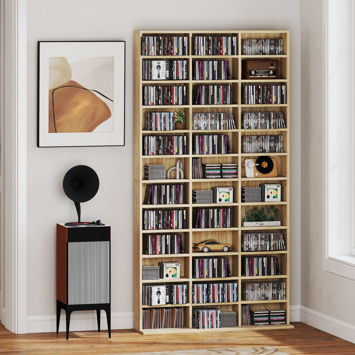 Rangements pour CD et DVD, étagère rangement 1116 CD/528 DVD, 36 compartiments et étagères réglables, chêne-1