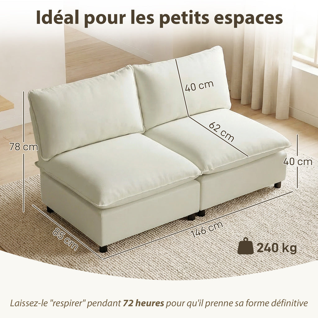 Canapé 2 places modulable, canapé de salon moderne 146 cm sans accoudoirs avec assise large, coussins épais, crème-2