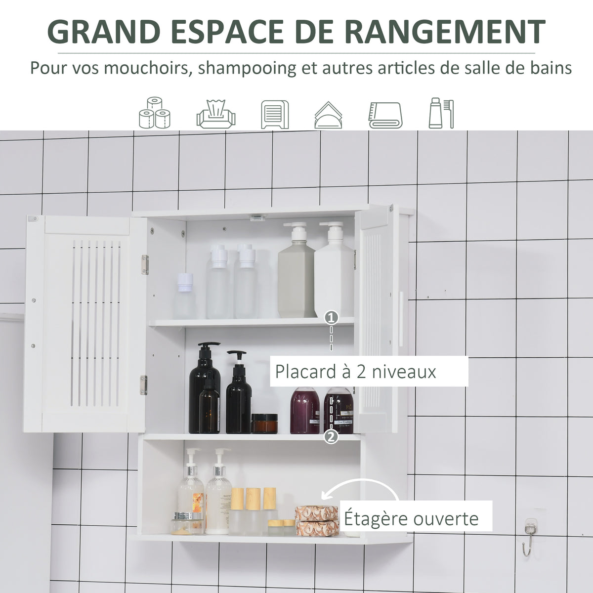 Armoire murale, meuble salle de bain avec étagère réglable, double porte et étagère ouverte, 60 x 20 x 70 cm, blanc-4