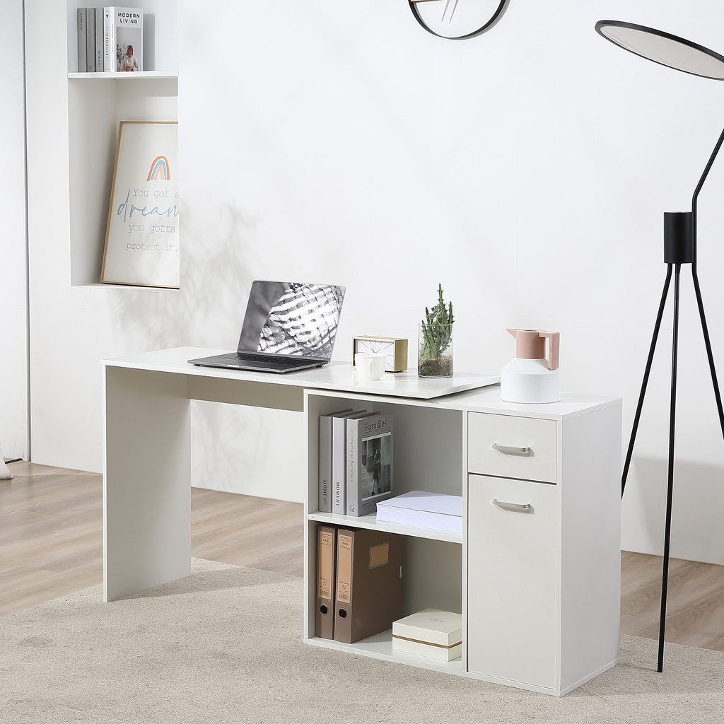 Bureau d'angle rotatif à 180°, bureau d'ordinateur, bibliothèque, tiroir, placard, poste de travail, 117x82x74cm, blanc-9