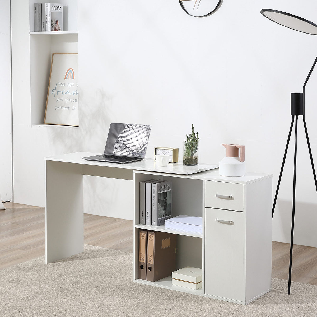 Bureau d'angle rotatif à 180°, bureau d'ordinateur, bibliothèque, tiroir, placard, poste de travail, 117x82x74cm, blanc-9
