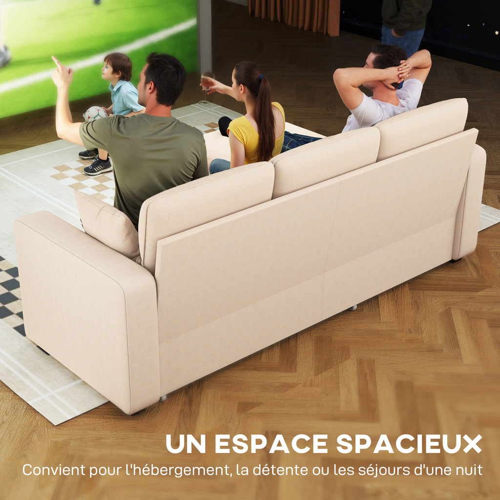 Canapé d'angle convertible en velours côtelé, canapé-lit 3 places avec rangement caché, coussins, 205x135x76cm, beige-3