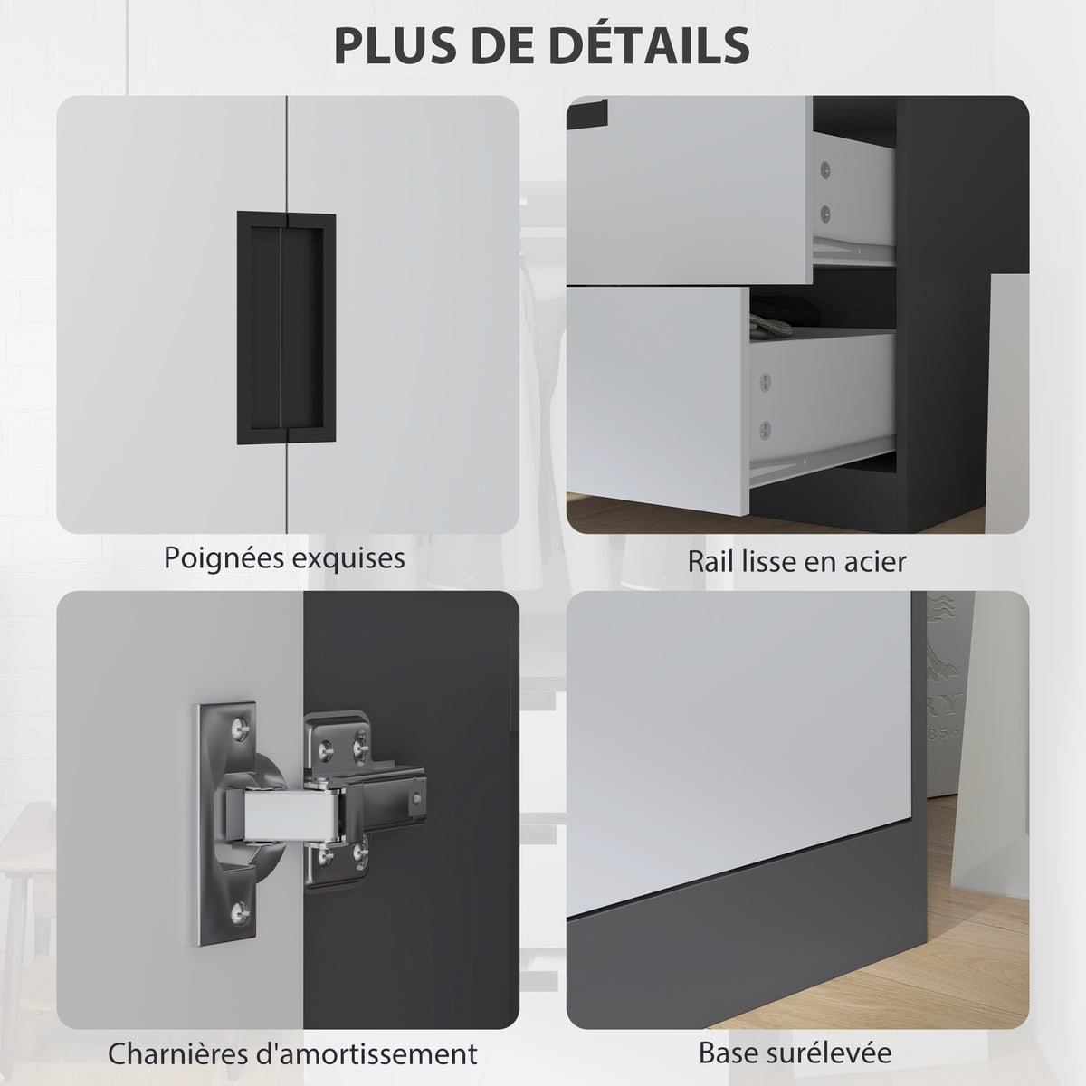 Armoire chambre penderie avec 2 portes à fermeture douce, 3 tiroirs et barre de suspension, 80x50x180cm, gris et blanc-4
