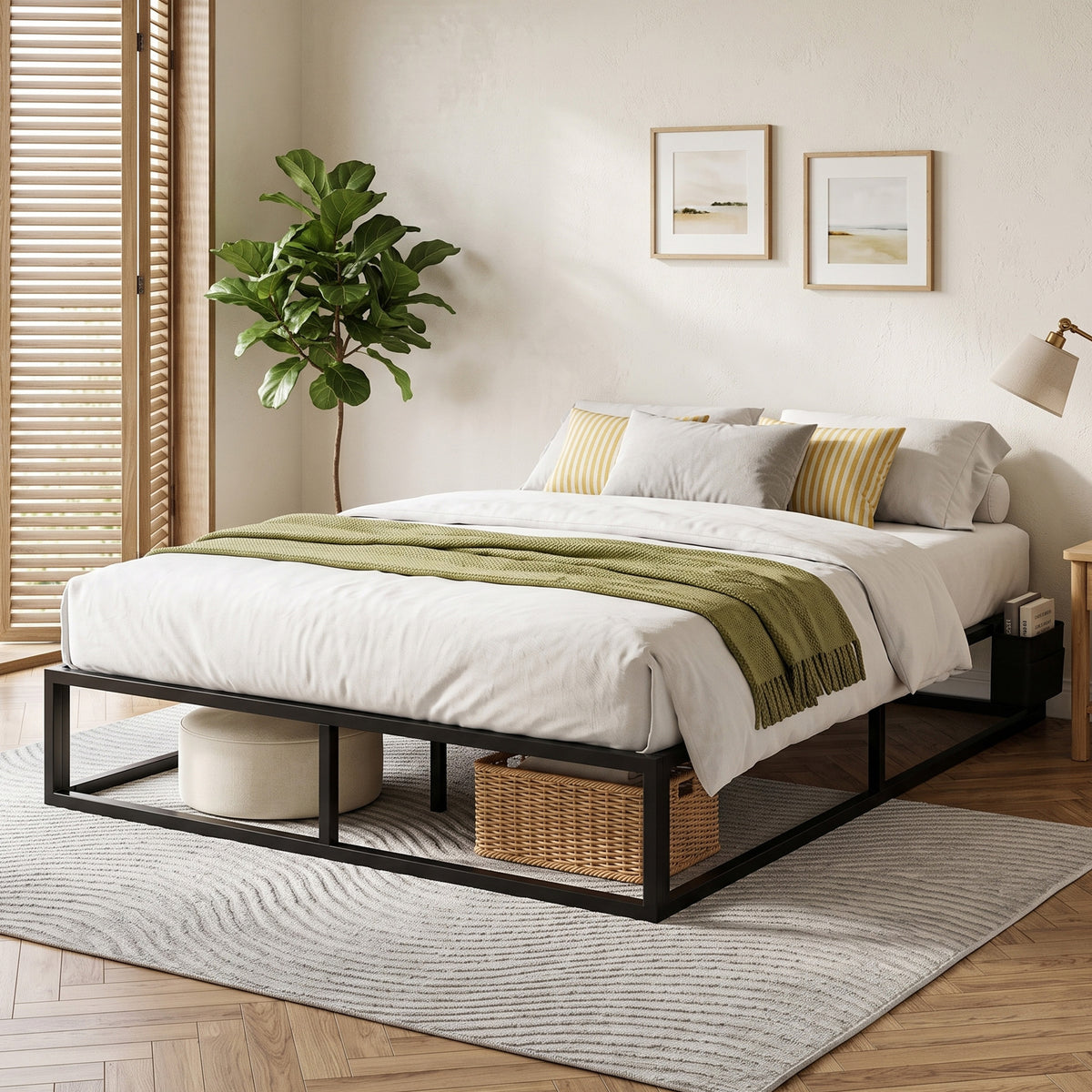 Cadre de Lit 140 x 190 cm avec Sommier, Lit Double avec Pochette de Rangement, Support à Lattes en Bois, Noir-9