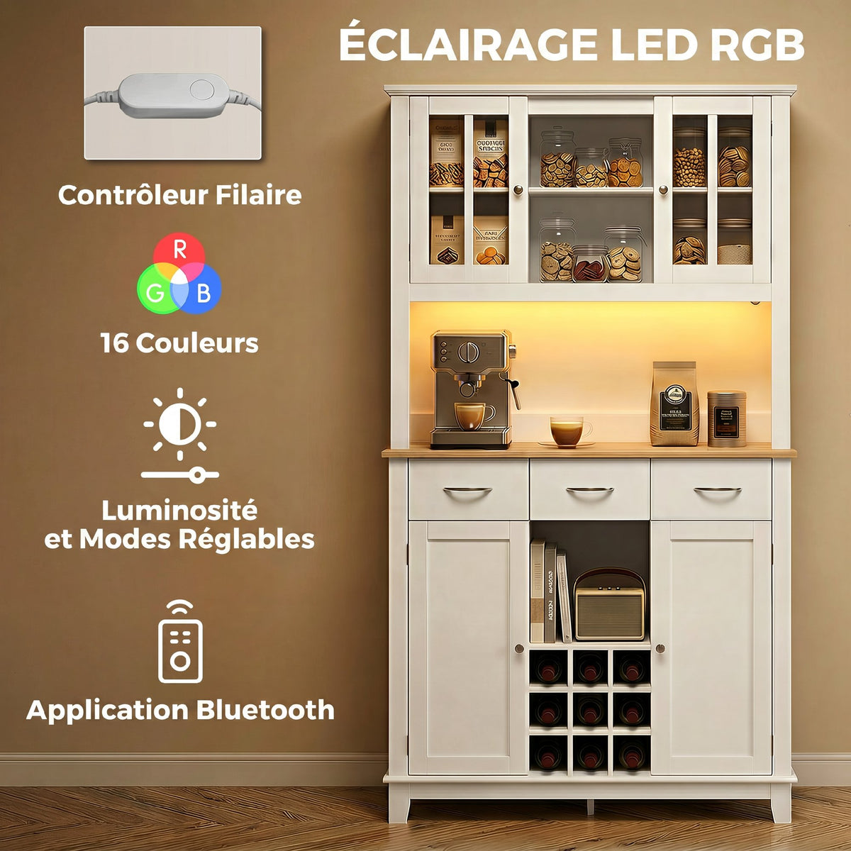 Buffet haut cuisine avec éclairage LED, vaisselier, 4 portes dont 2 en verre, tiroirs, porte-bouteilles, blanc-3