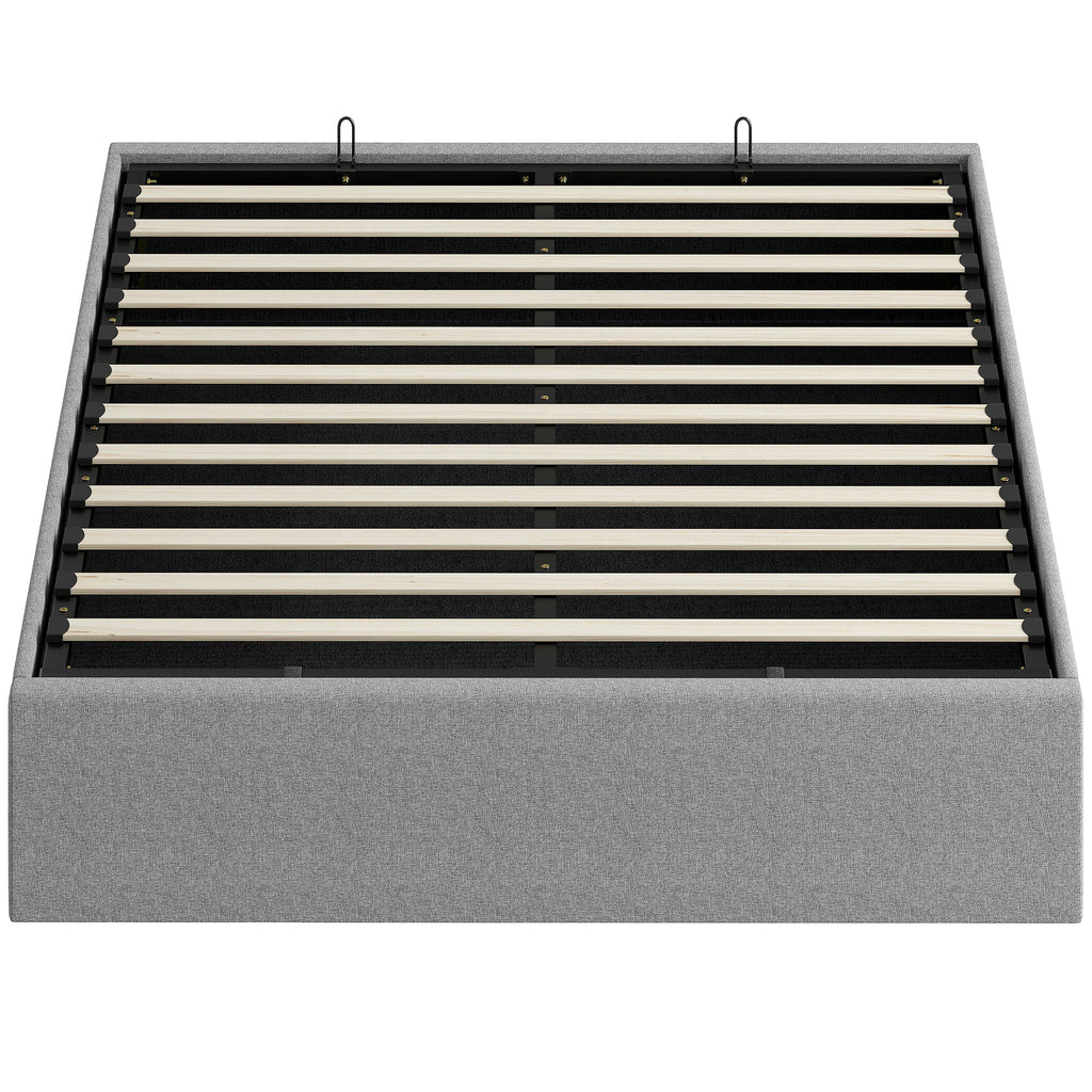 Lit coffre 140 x 190 cm, cadre de lit double rembourré, sommier à lattes en bois, rangement caché, sans bruit, gris-0