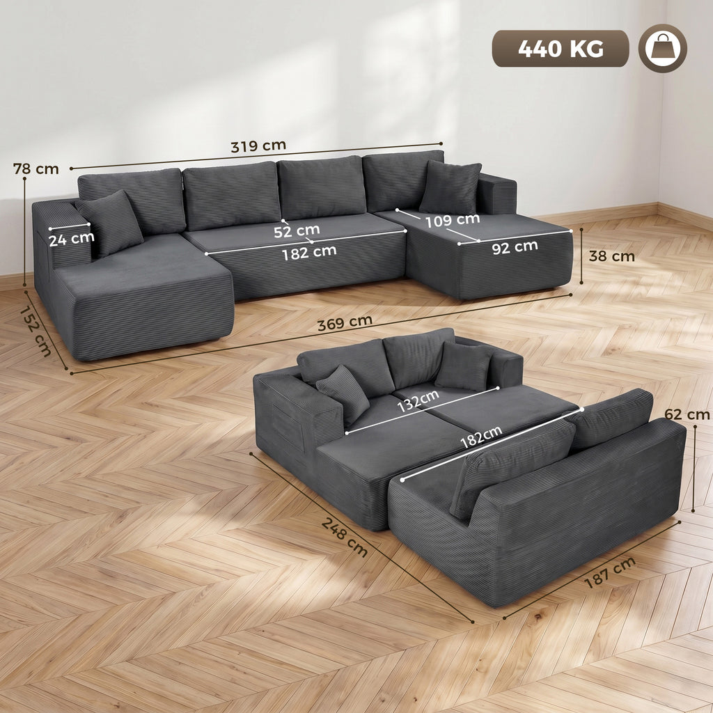 Canapé Modulaire en U 4 Places, 2 Méridiennes, Canapé 2 Places, 6 Coussins, Sans Montage, 369 x 152 x 78 cm, Gris-2