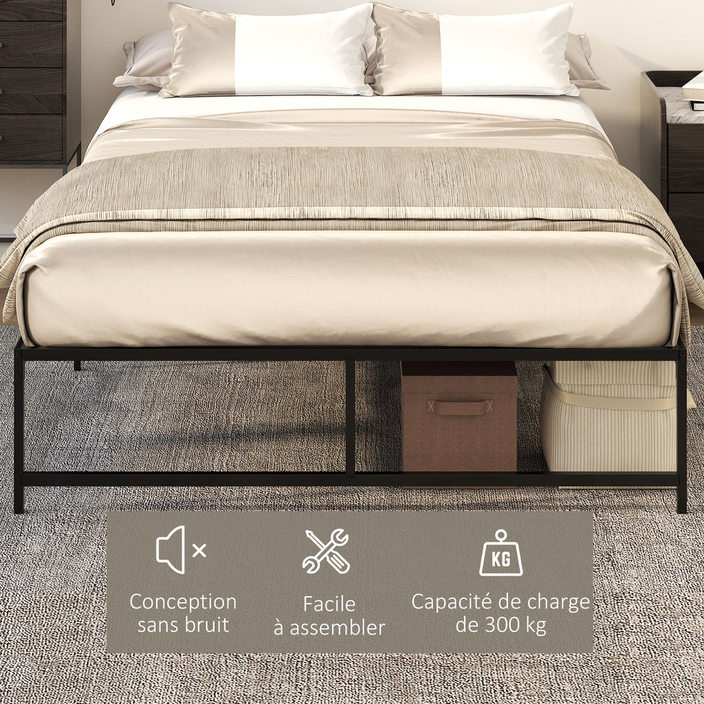 Cadre de lit double 140 x 190 cm, lit double 2 personnes en acier, hauteur 31 cm avec rangement, sommier à lattes, noir-4
