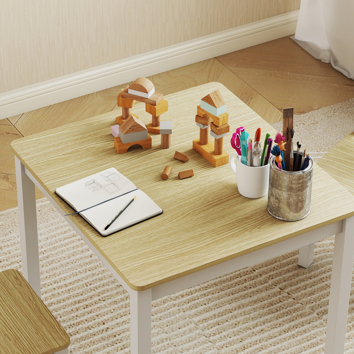 Table enfant avec chaise, lot table et 2 chaises enfant en bois pour dessiner, jouer, étudier, 56x52x48cm, bois naturel-8