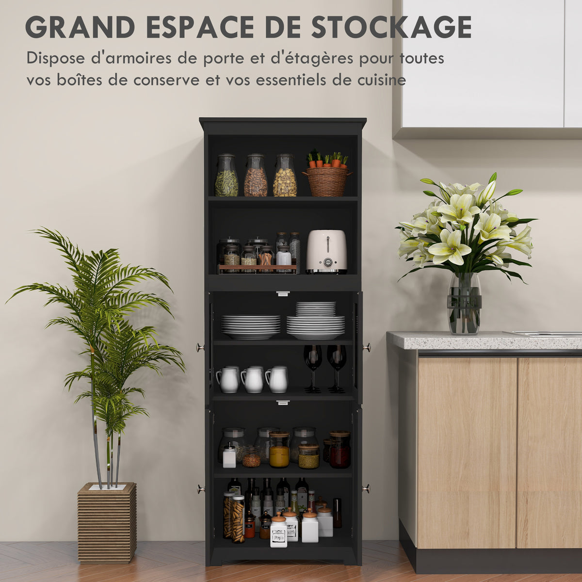 Armoire de cuisine buffet cuisine vaisselier meuble de rangement multi-rangements dim. 60I x 30P x 162H cm noir-3