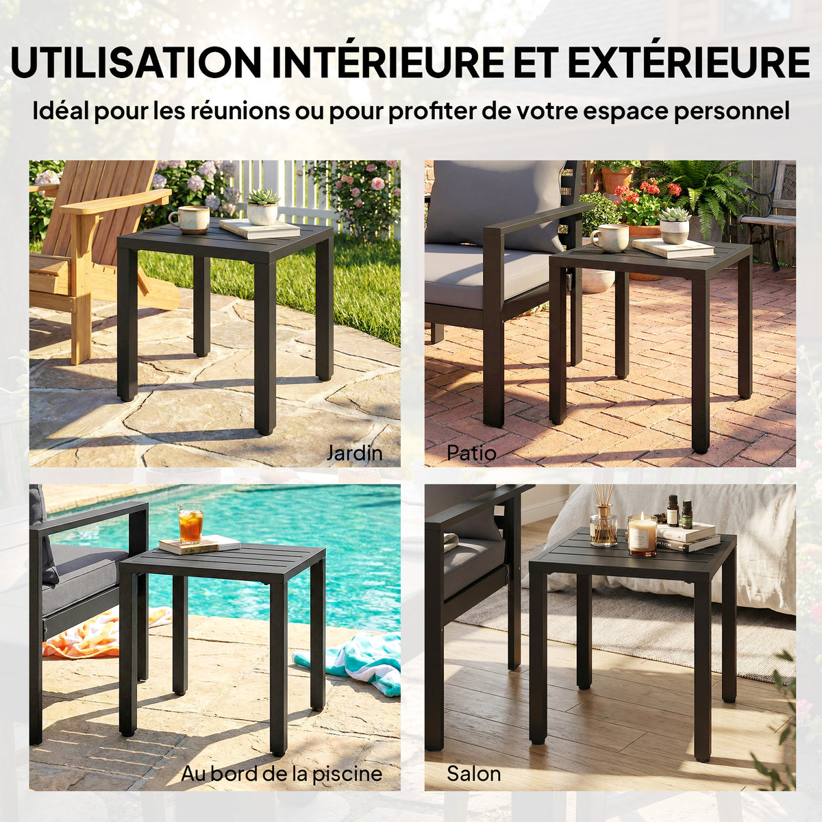 Table de jardin carrée, table de terrasse, cadre en métal, intérieur et extérieur, pour balcon, porche, patio, noir-7