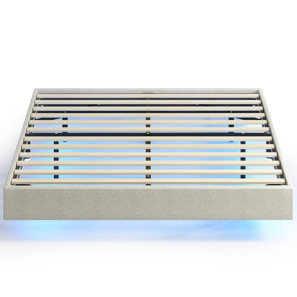 Lit Flottant 160 x 200 cm avec Éclairage LED Intelligent, Cadre de Lit Double Rembourré en Lin, Montage Facile, Beige-0