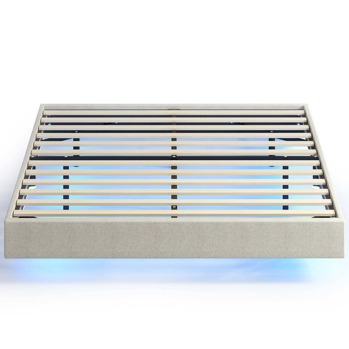 Lit Flottant 160 x 200 cm avec Éclairage LED Intelligent, Cadre de Lit Double Rembourré en Lin, Montage Facile, Beige-0