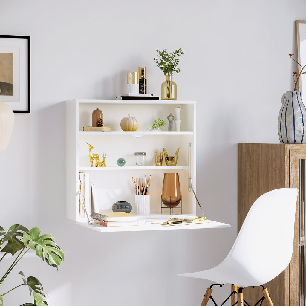 Bureau suspendu bureau mural avec tablette rabattable et 3 compartiments - 64 x 20 x 60 cm - blanc-8