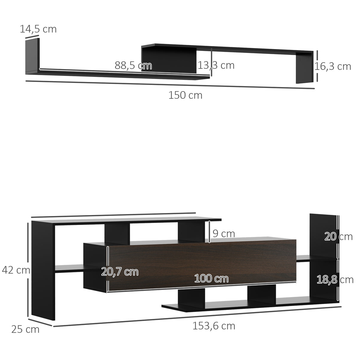 Ensemble meuble TV avec banc et étagère murale style contemporain 153,6L cm - noir-2