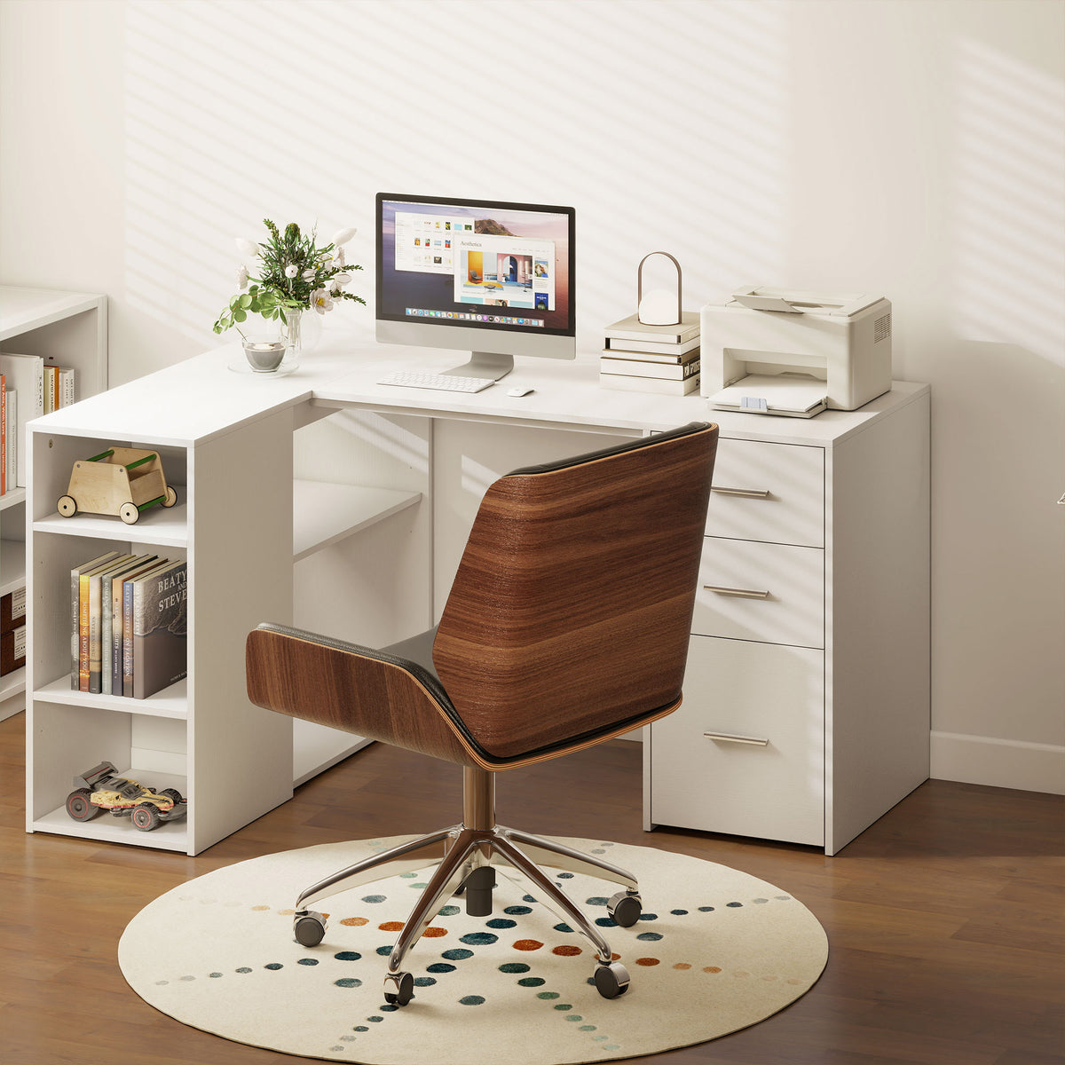 Bureau d'Angle, Bureau Informatique en L, 3 Tiroirs, 5 Compartiments Ouverts, Étagères Réglables, 140x100x75cm, Blanc-7