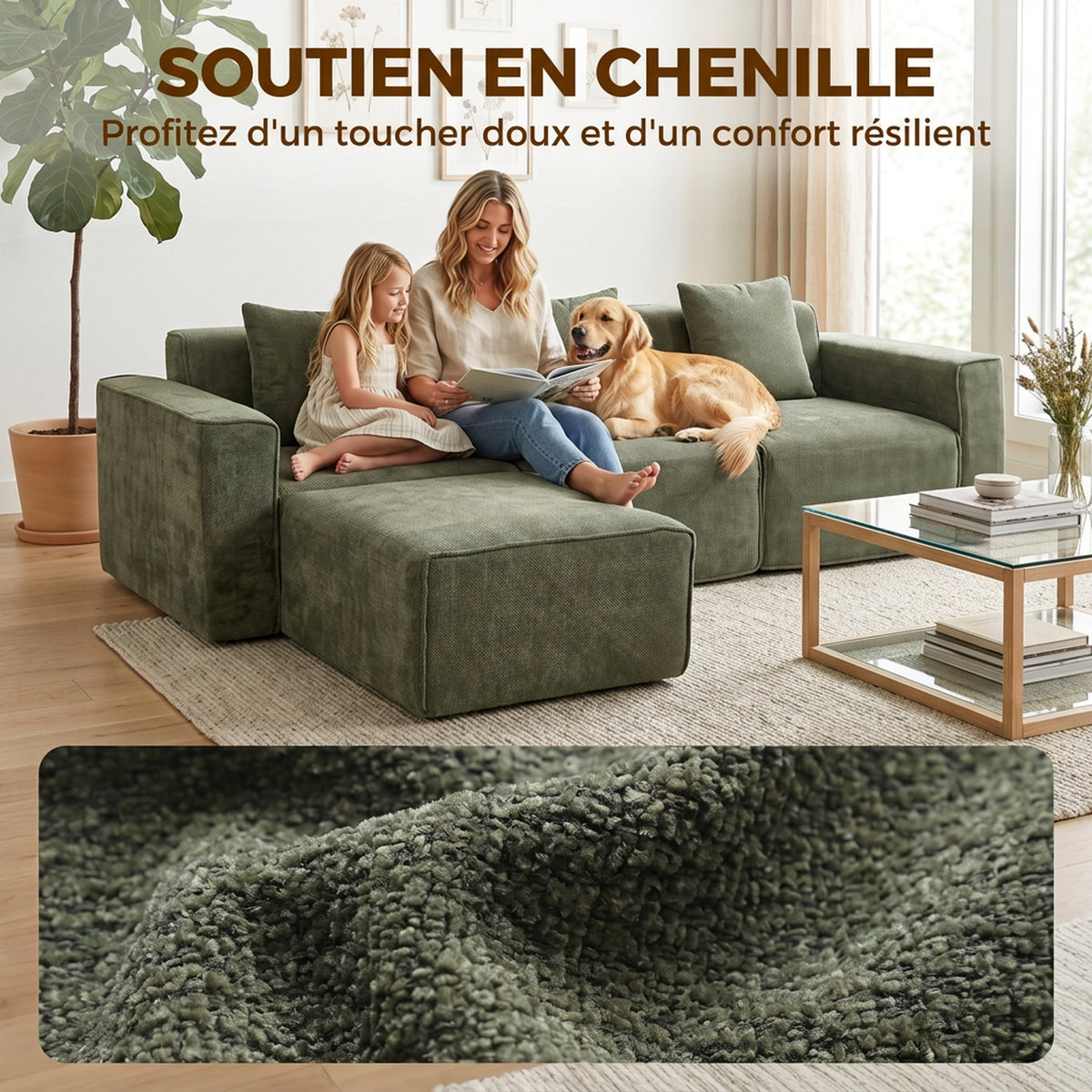 Canapé 3 Places avec Pouf Réversible, Canapé d'Angle Modulable en Chenille 251 cm Moderne, Assise Large, Vert-4