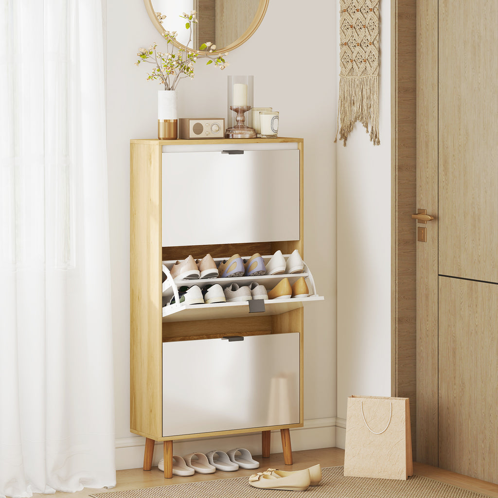 Meuble à chaussures, armoire à chaussures étroite, 3 tiroirs rabattables, porte haute brillante, 60x24x127cm, blanc-7