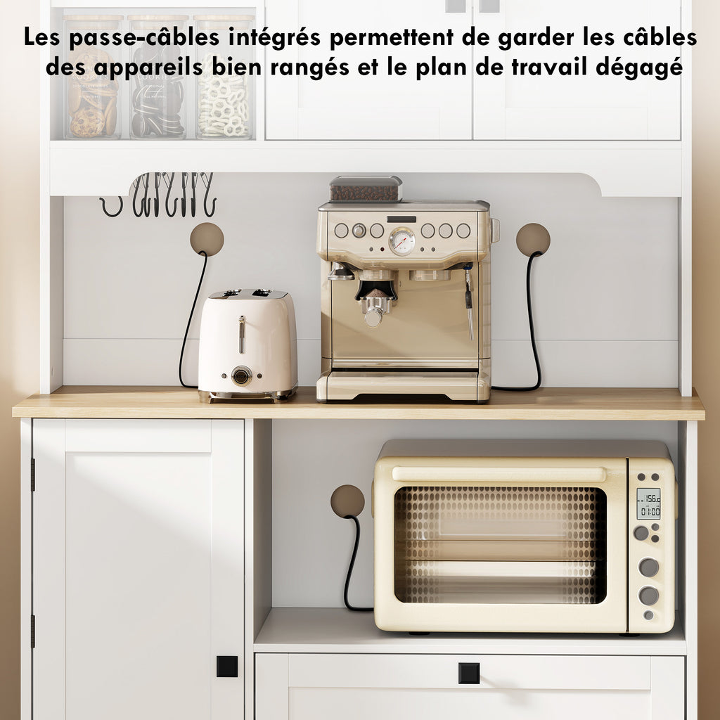 Buffet Haut Cuisine, Armoire Cuisine avec 3 Portes, 2 Tiroirs, Plan de Travail, Compartiments Ouverts, Blanc-5