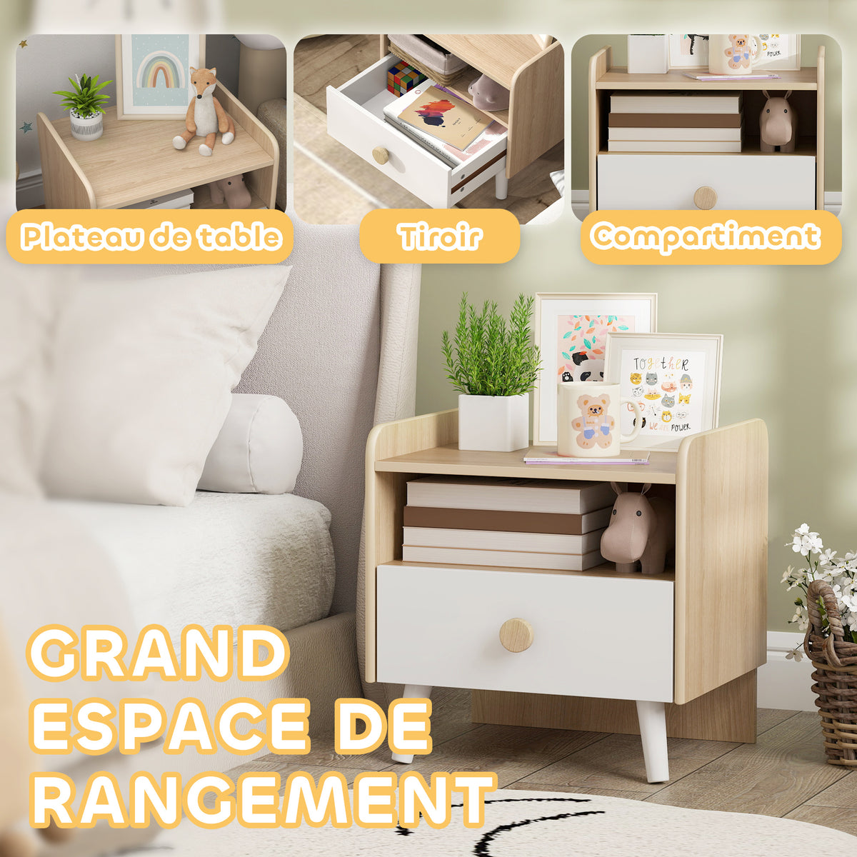 Table de chevet enfant table de nuit enfant avec tiroir et niche, petite table d'appoint en bois pour chambre d'enfant-3