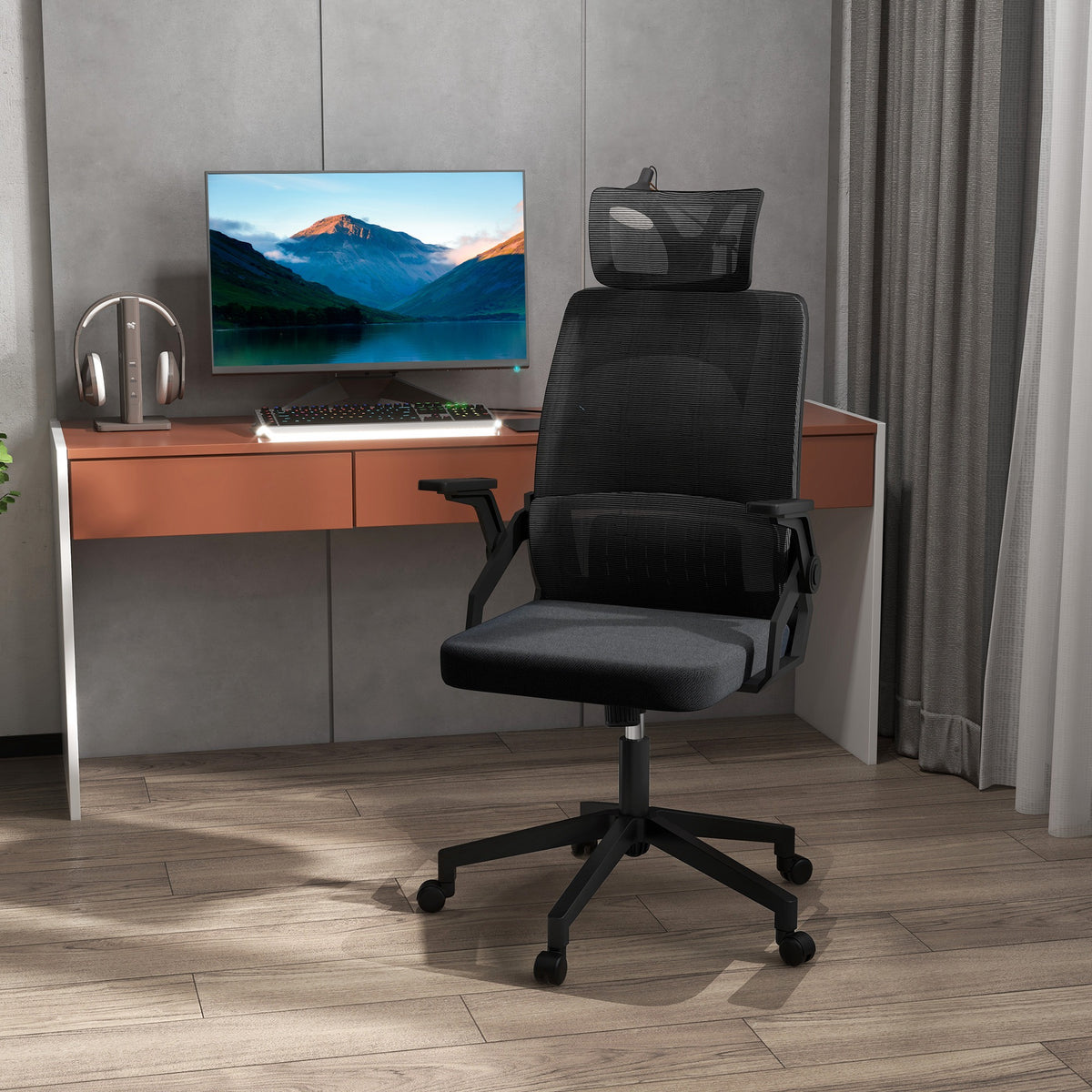 Fauteuil de bureau réglable tissu maille polyester dossier ergonomique inclinable pivotant Noir-9