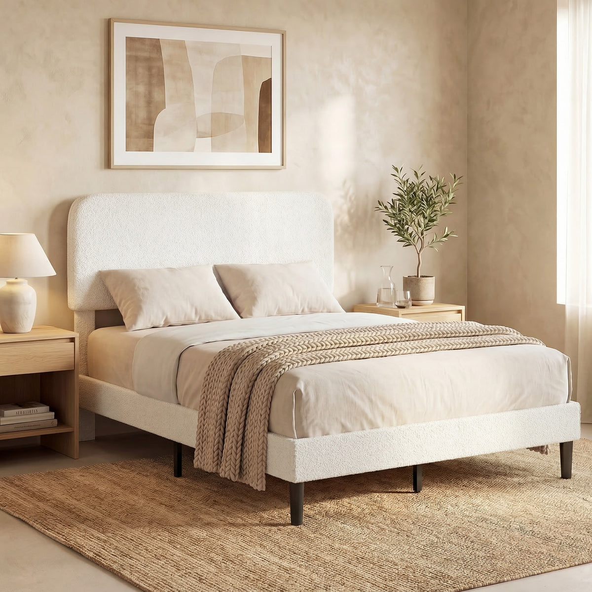 Cadre de Lit 140x190cm avec Sommier, Tête de Lit Réglable, Lit Double Rembourré en Velours Teddy, Lattes en Métal, Blanc-9