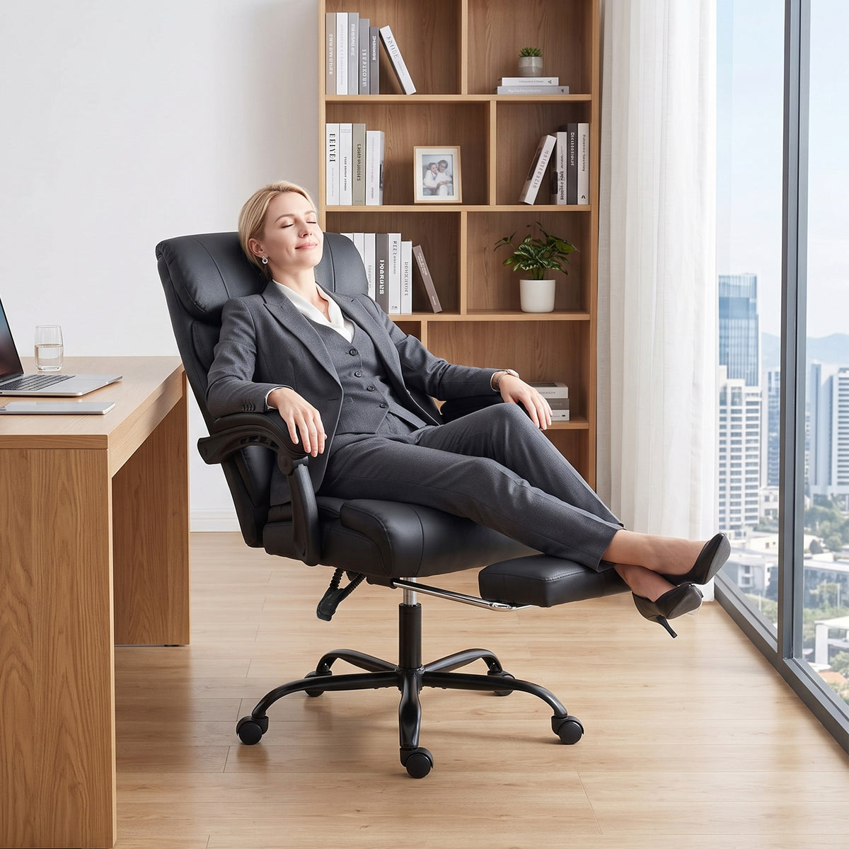Chaise Bureau Ergonomique Inclinable, Fauteuil de Bureau en PU, Accoudoirs Synchronisés, Hauteur Réglable, Noir-9