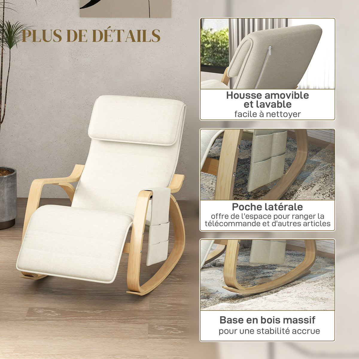 Fauteuil relax à bascule fauteuil allaitement avec repose-pieds réglable, poche latérale et appui-tête, blanc crème-5
