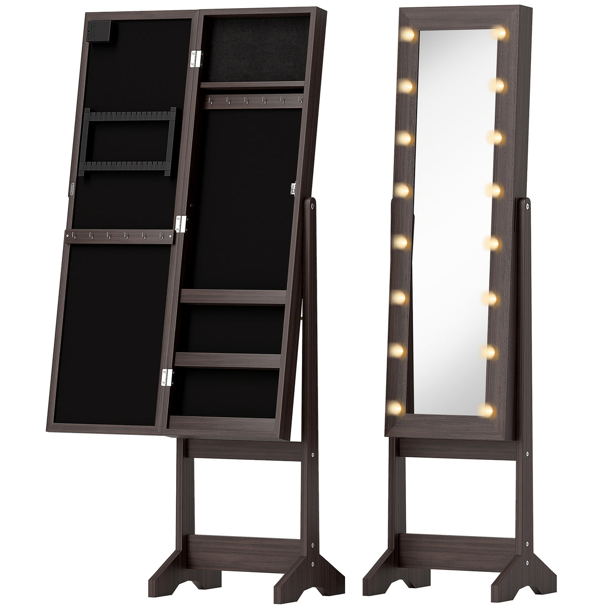 Armoire à Bijoux, Armoire de Rangement sur Pieds, Boîte à Bijoux avec Miroir Multi-Rangements Éclairage LED Marron Foncé-0