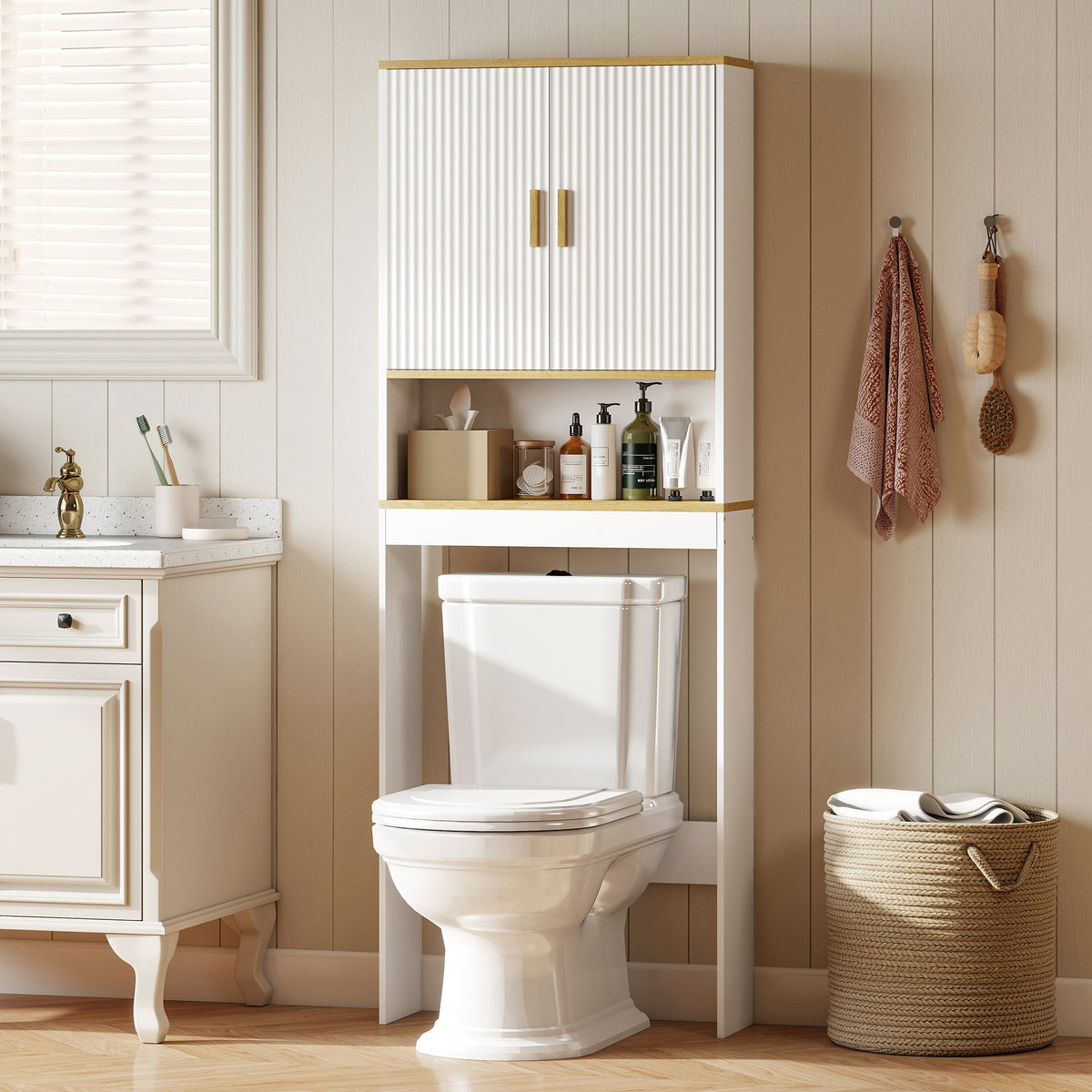 Meuble WC rangement au-dessus des toilettes 3 niveaux étagère de toilettes avec étagères réglables, 64x20x170,5cm, blanc-9