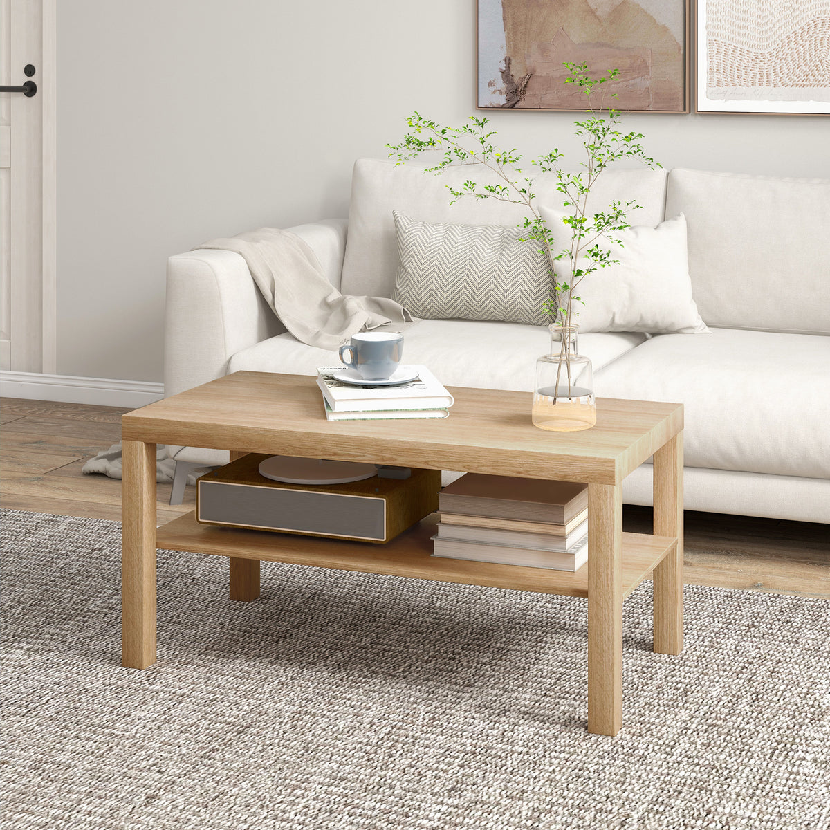 Table basse de salon, table d'appoint rectangulaire à 2 niveaux avec étagère de rangement, 90x45x44,5cm, bois naturel-1