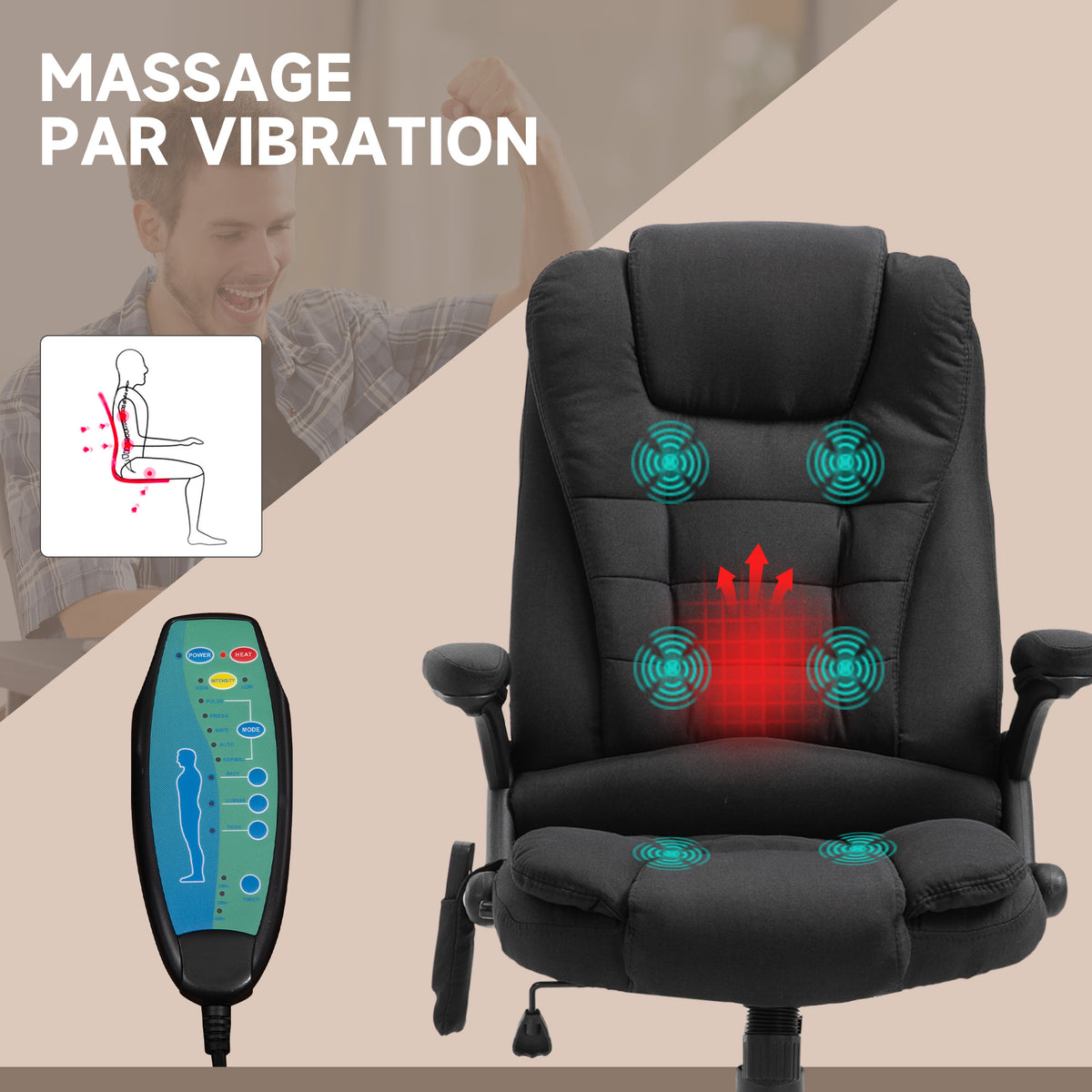 Fauteuil de bureau massant et chauffant, chaise de bureau, chaise ergonomique avec hauteur réglable, dossier-3