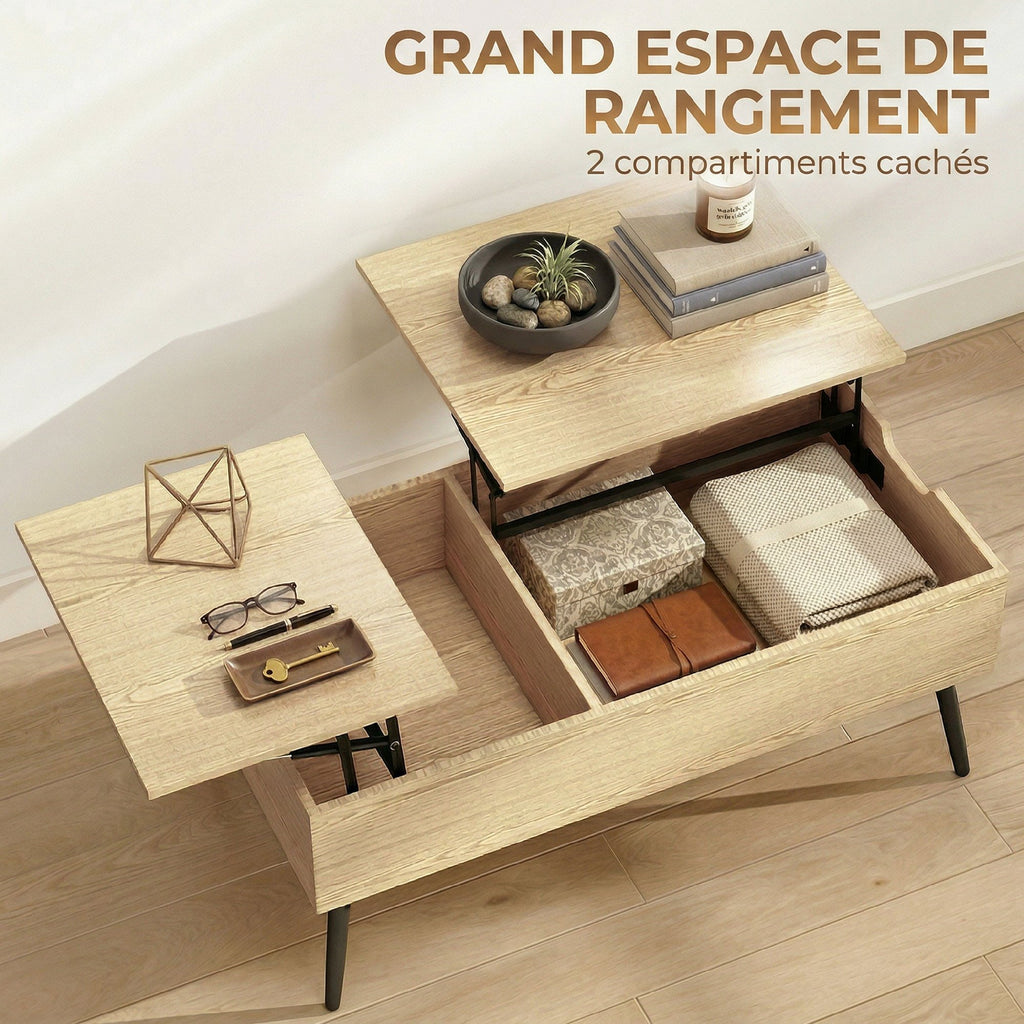 Table basse relevable avec double plateau, table de salon avec compartiment caché et pieds en métal, bois naturel-4