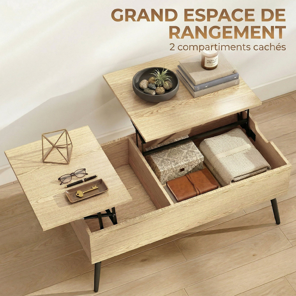 Table basse relevable avec double plateau, table de salon avec compartiment caché et pieds en métal, bois naturel-4