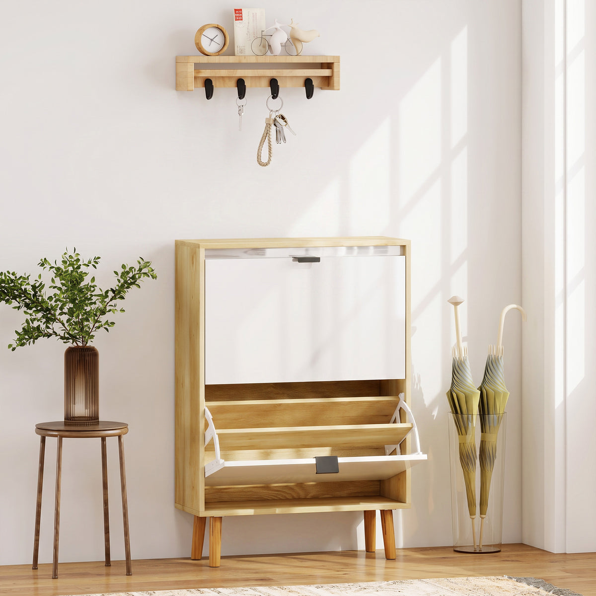 Meuble à chaussures, armoire à chaussures étroite, 2 tiroirs rabattables, portes haute brillante, 60x24x91cm, blanc-1