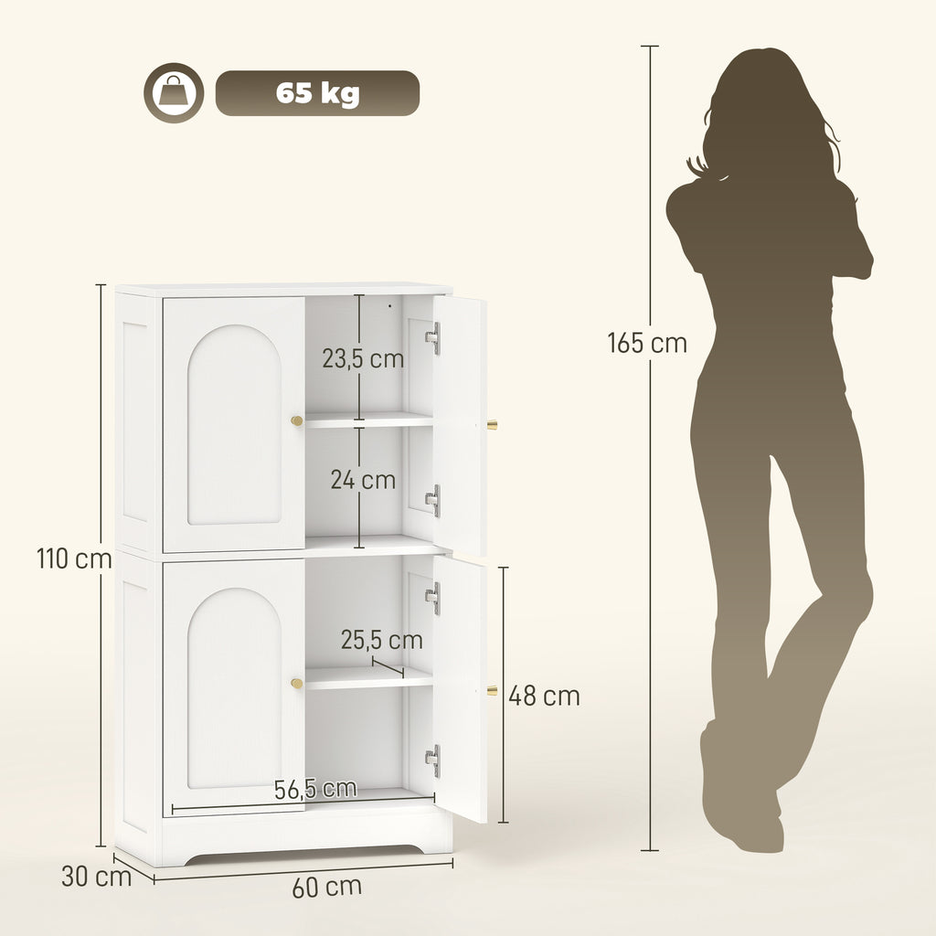 Buffet cuisine, meuble cuisine rangement avec 4 portes cintrées et 2 étagères réglables, 60 x 30 x 110 cm, blanc-2