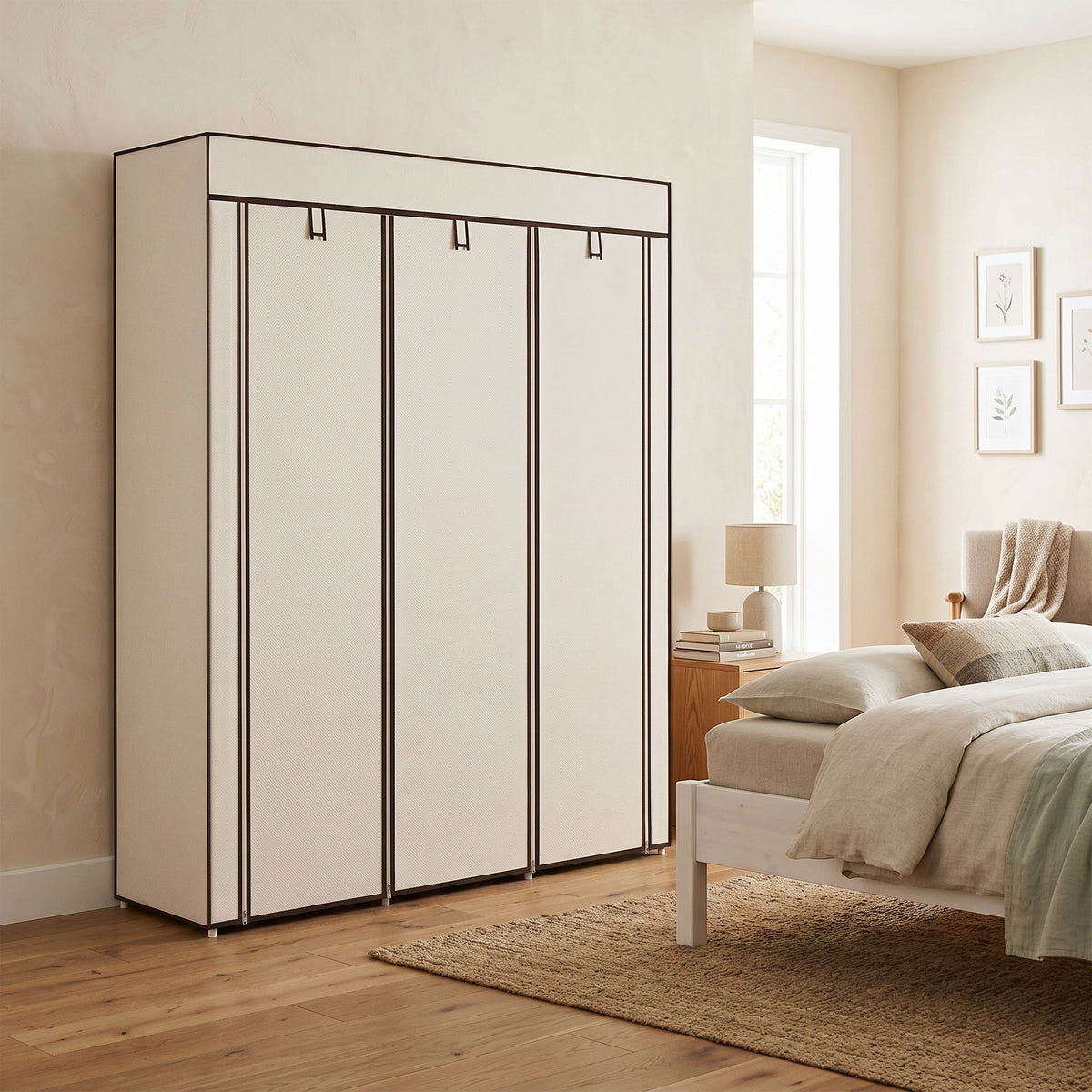 Armoire penderie multi-rangement - 8 étagères, 2 barres - non tissé crème-1