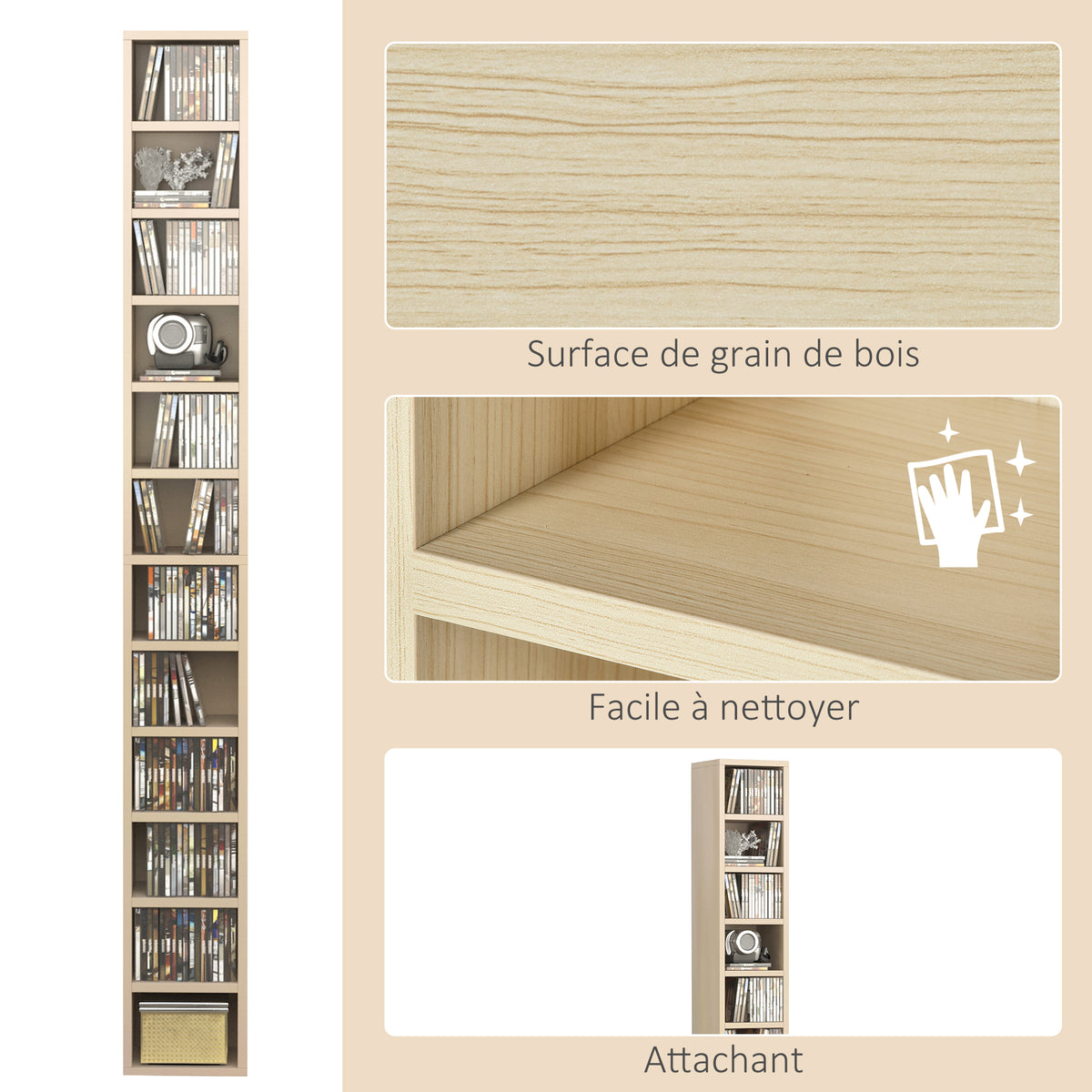 Rangements pour CD et DVD, étagère colonne de rangement, meuble de rangement bois naturel-4