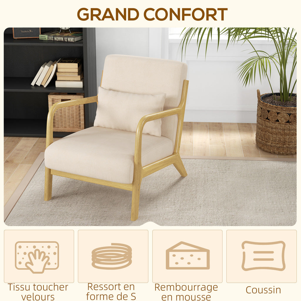 Fauteuil lounge - 3 coussins inclus - assise profonde - accoudoirs - structure bois hévéa - aspect velours beige-3