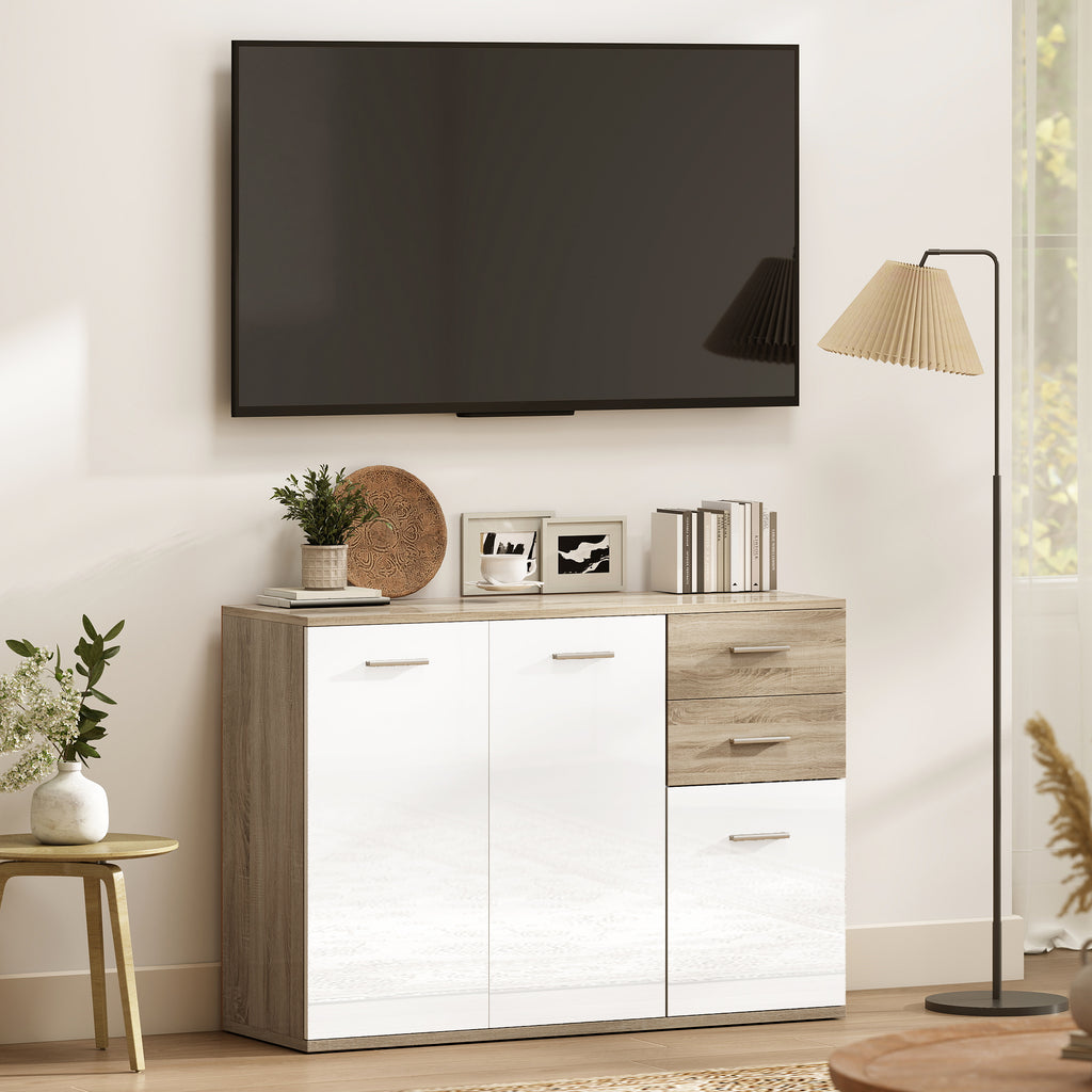 Buffet salon, meuble de rangement avec 2 tiroirs, 3 portes et étagère réglable, 106 x 35 x 76 cm, blanc et bois naturel-6