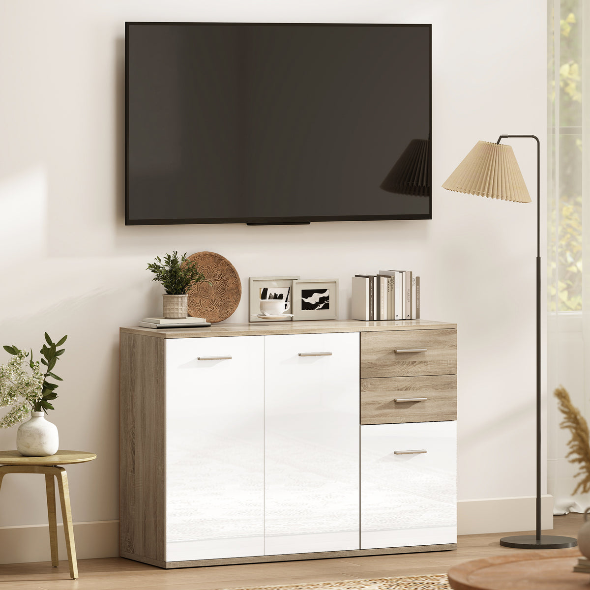 Buffet salon, meuble de rangement avec 2 tiroirs, 3 portes et étagère réglable, 106 x 35 x 76 cm, blanc et bois naturel-6