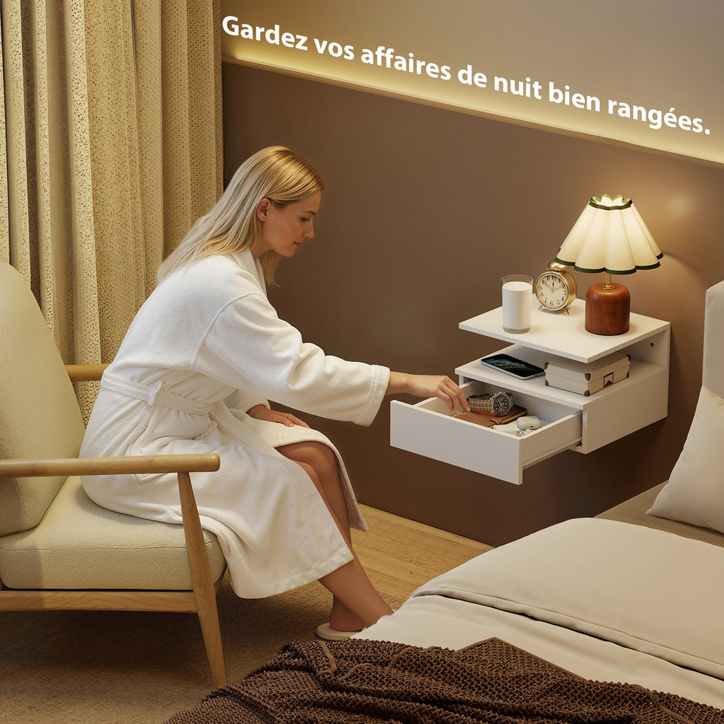 Lot de 2 tables de chevet murales, tables de nuit suspendues avec tiroir, étagère ouverte, 35x32x22,5cm, blanc-3