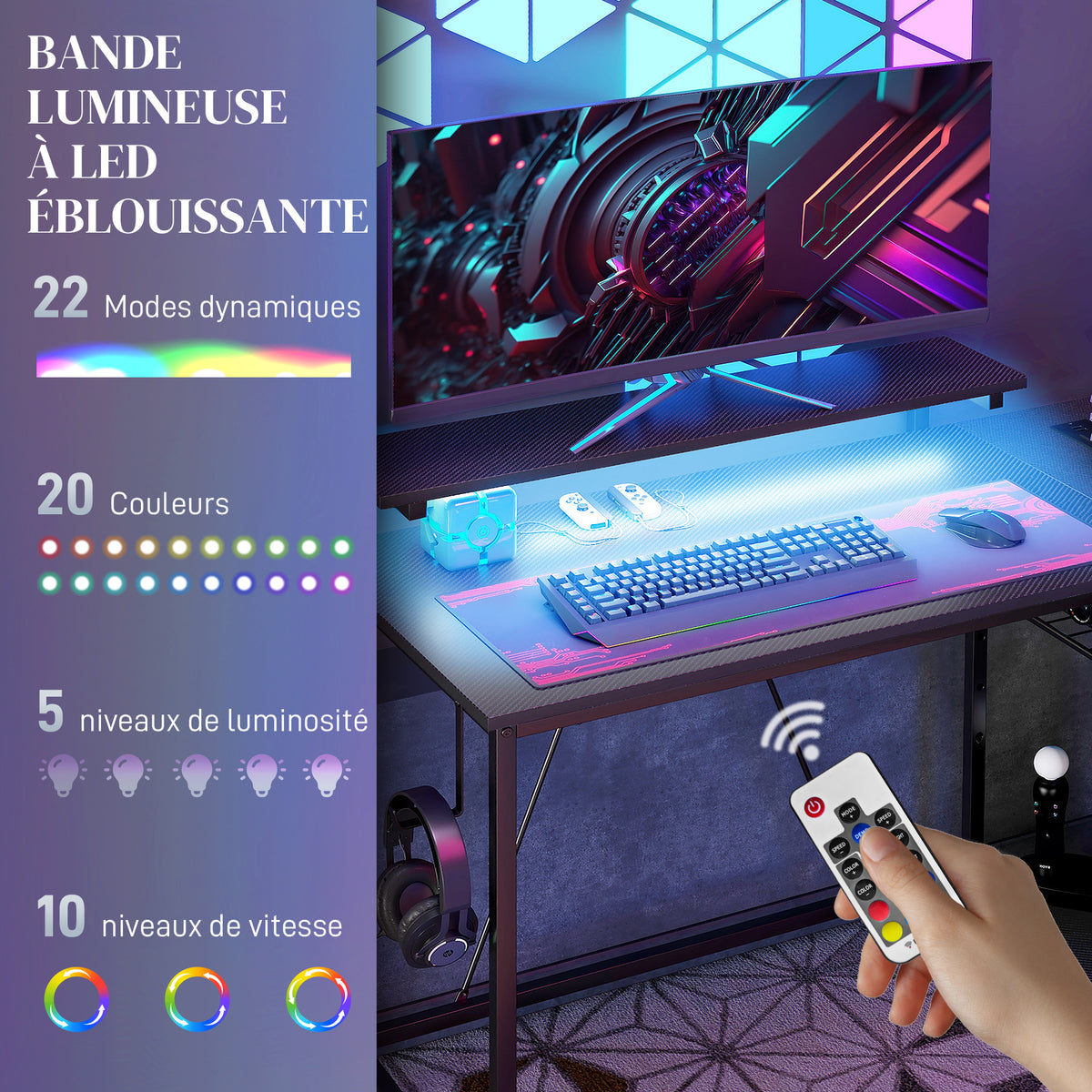 Bureau d'angle réversible, bureau d'ordinateur avec LED, 2 prises et 2 ports USB et panier réglable, 107x80x90cm, noir-3