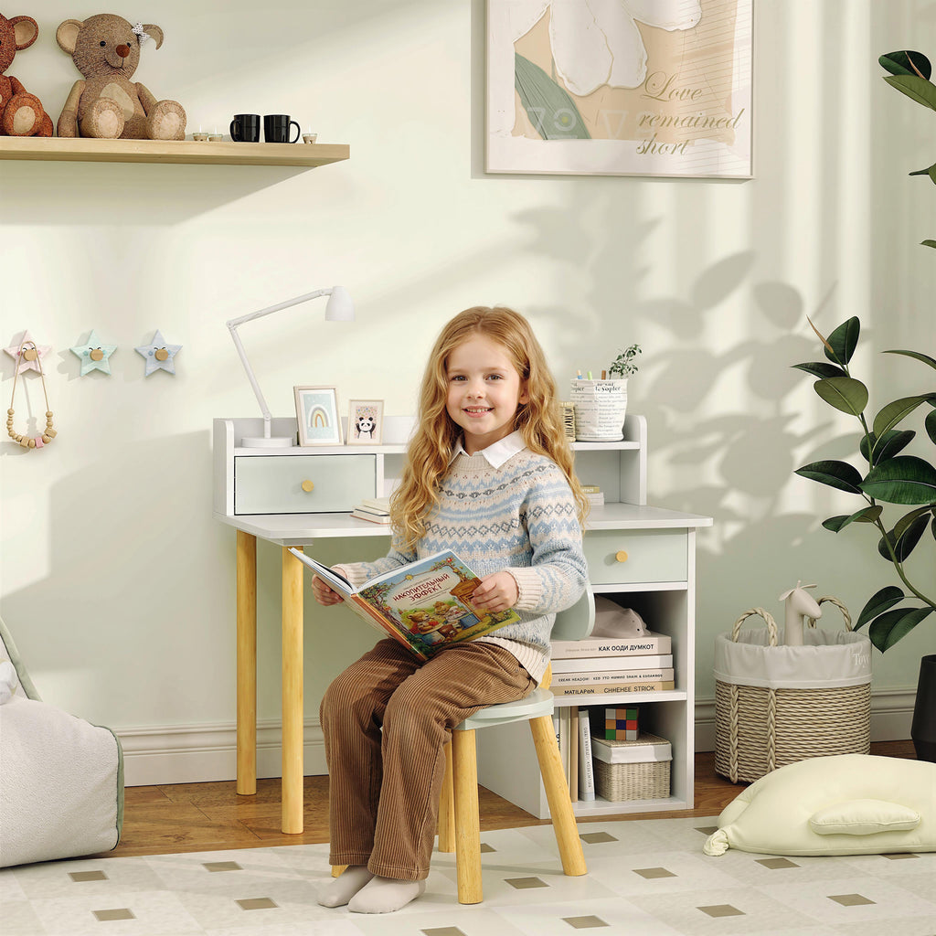 Bureau enfant avec chaise, table enfant et chaise avec 2 tiroirs et étagères ouvertes, 85 x 48 x 73 cm, vert-1