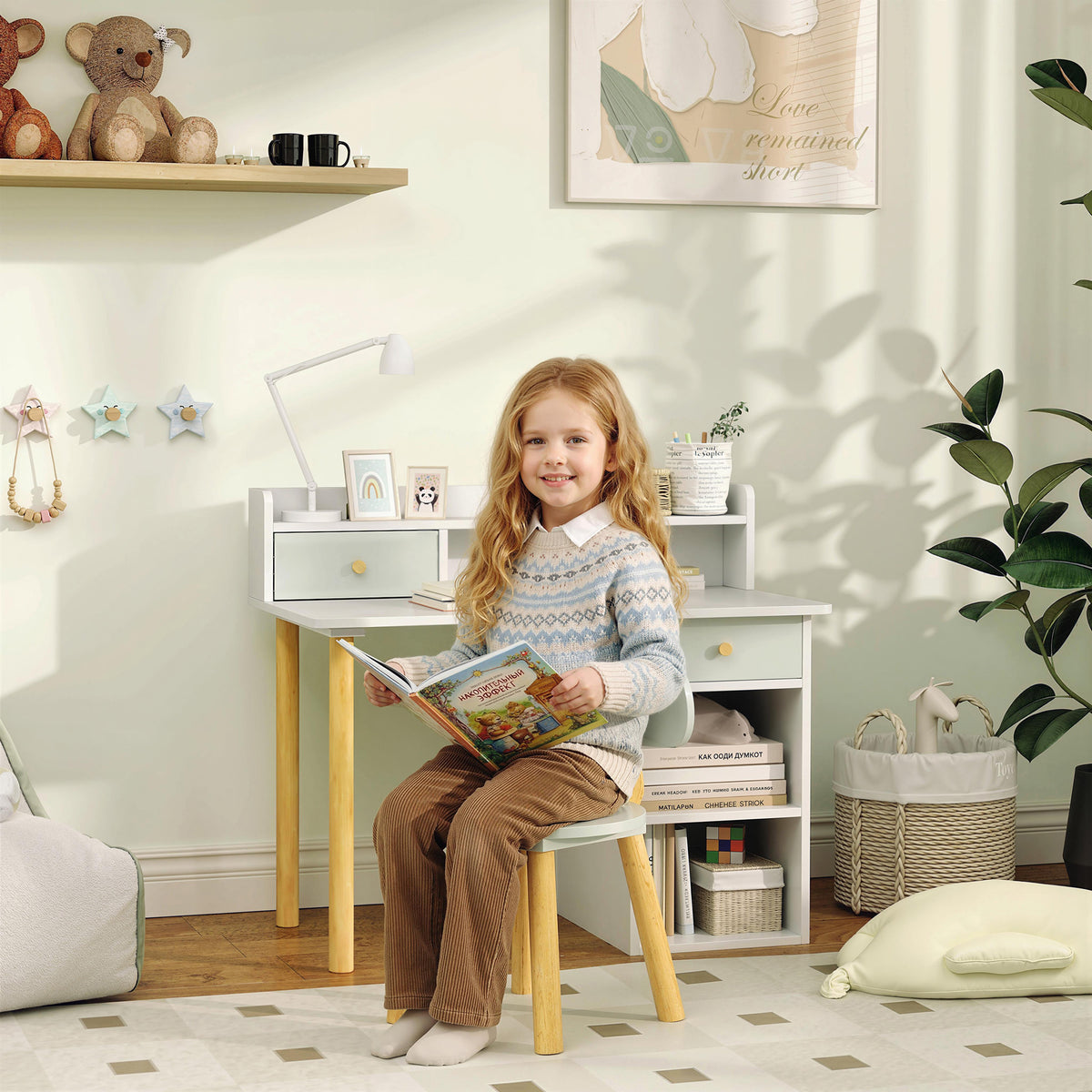 Bureau enfant avec chaise, table enfant et chaise avec 2 tiroirs et étagères ouvertes, 85 x 48 x 73 cm, vert-1