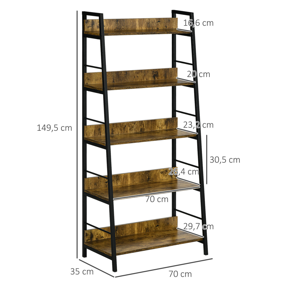Étagère bibliothèque Style Industriel incliné 5 Niveaux 70L x 35l x 150H cm-2