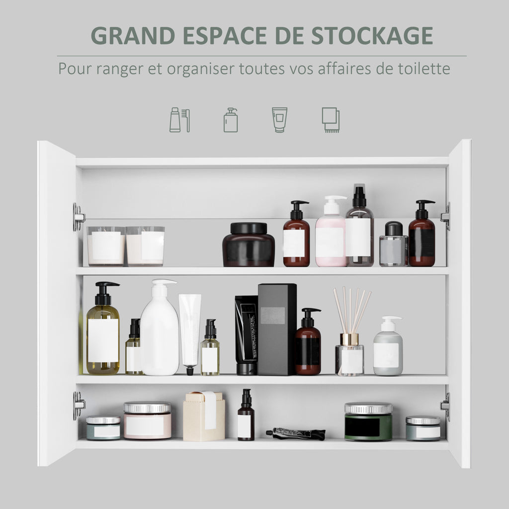 Armoire murale salle de bain avec miroir, 80 x 15 x 60 cm, meuble salle de bain, armoire de toilette avec double portes et étagères réglables, blanc-3