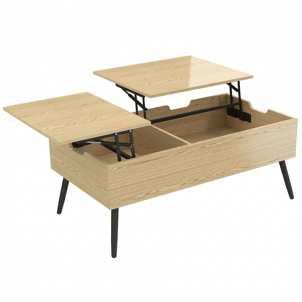 Table basse relevable avec double plateau, table de salon avec compartiment caché et pieds en métal, bois naturel-0